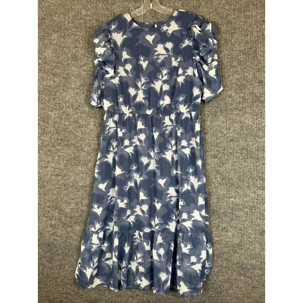 Destination 365 Reg Printed Chiffon Midi Dress Womens Large Blue Indigo Floral